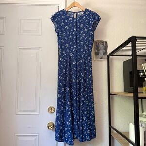 REFORMATION blue white floral short sleeve keyhole button up midi dress